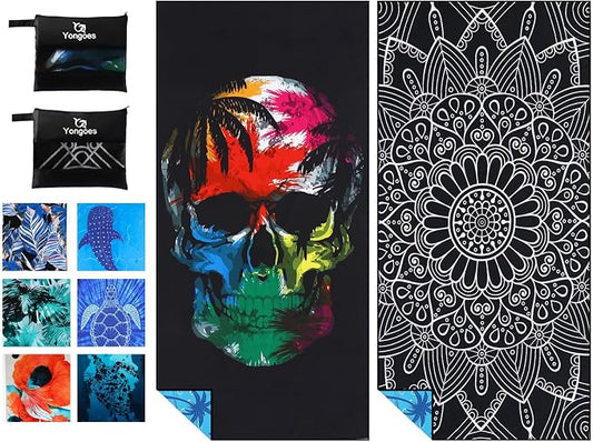 Yongoes 2 Pack Microfiber Beach Towels Oversized 71x32 Black Skull Mandala | Thin & Lightweight, Sand Free, Super Absorbent Quick Dry Large for Pool Swim Bath Travel Vacation Accessories Essentials by Yongoesbeachtowel