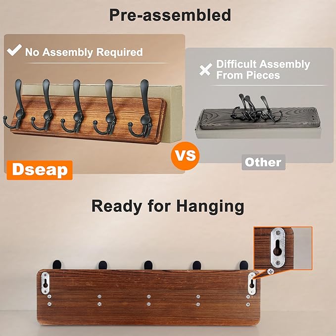 Dseap Coat Rack Wall Mount - Heavy-Duty Robust Barnwood-Style Wooden Wall Coat Hanger Hook Rail with 5 Triple Hooks for Winter Coats Hat Jacket Clothing, Weathered Blue & Black, Pack of 2 - Image 3