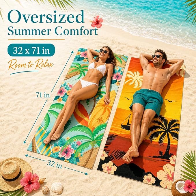 12 Pack Microfiber Beach Towel Set 32x71 Oversized Extra Large Swim Pool Towel Soft Fiber Beach Towels Set for Summer Travel Spa Swim Pool Accessories Vacation Essential Gift(Hawaii Tropical) - Image 2