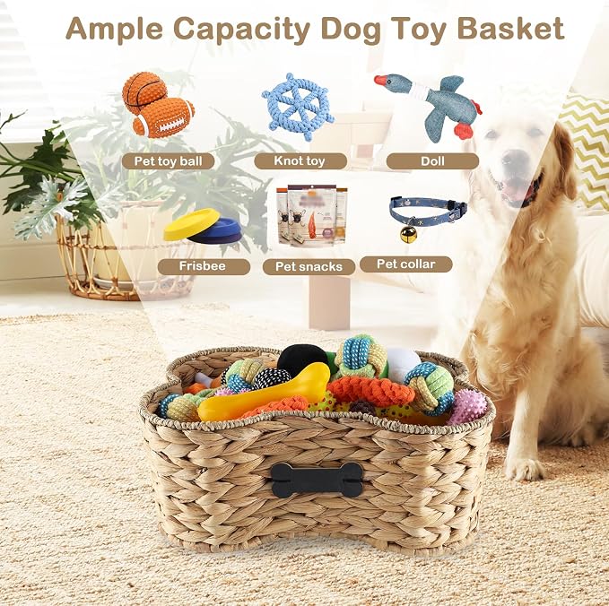 Set Of 2 Pet Dog Toy Basket-Dog Bone Basket-Wicker Basket for Pet Stuff-Dogs Toy Box for Living Room Area-Handmade Water Hyacinth Baskets with DIY Tag ﻿ - Image 3