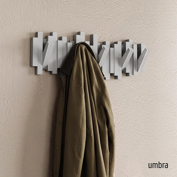 Umbra Sticks Wall Mount Coat Rack, 5 Hook Retractable Pegs, Grey | Mounting hardware included, sculptural modern design, entryway or bedroom use, recycled plastic - Image 2