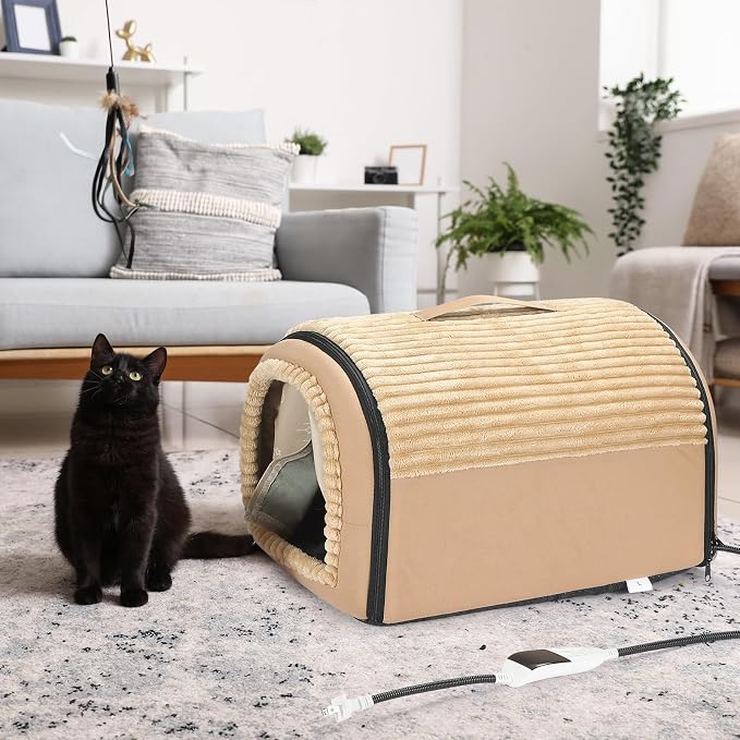 Smart Heated Cat Bed Cave Pet House for Indoor Cats & Small Dogs, Washable & Foldable with Removable Cushion, 17.72x14.96x12.6 inches, Brown - Image 4