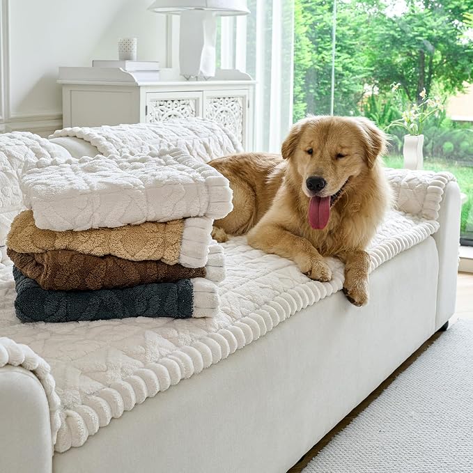 Fuzzy Couch Covers for Dogs, Non Slip Thick Dog Couch Cover Protector, Plush Pet Couch Covers for Sofa Washable, Soft Sofa Cushion Slipcovers Pet Friendly(1PC, Beige White, 27.6”x94.5”) - Image 2