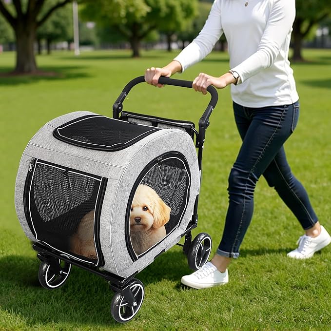Pet Stroller for Dogs Cats up to 50 lbs, Foldable Dog Stroller with 360° Swivel Wheels, Detachable Carrier, Adjustable Handle, Travel Dog Stroller for Small Medium Large Pets, Gray