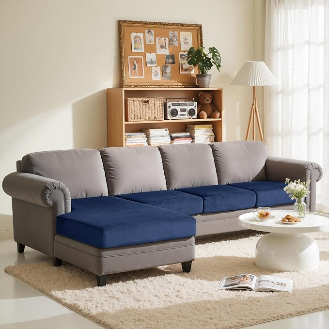 CHUN YI Velvet Couch Cushion Covers, 4 PC Water Resistant Sectional Couch Covers for L Shape Sofa, Individual Seat Cushion Protector for Pets (3 Seater + 1 Chaise, Navy Blue) - Image 2