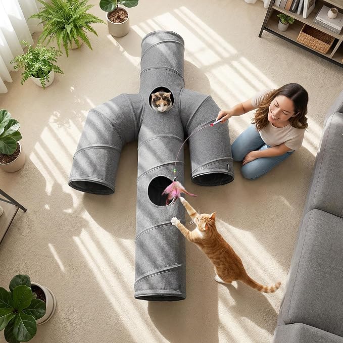 Ownpets Cat Tunnel Sturdy Oxford Fabric Cat Tunnel Toy, Cactus Shape Collapsible Cat Tunnels for Indoor Cats,Interactive Peek Hole Pet Tunnel Tube with Cat Wand Toy - Image 9