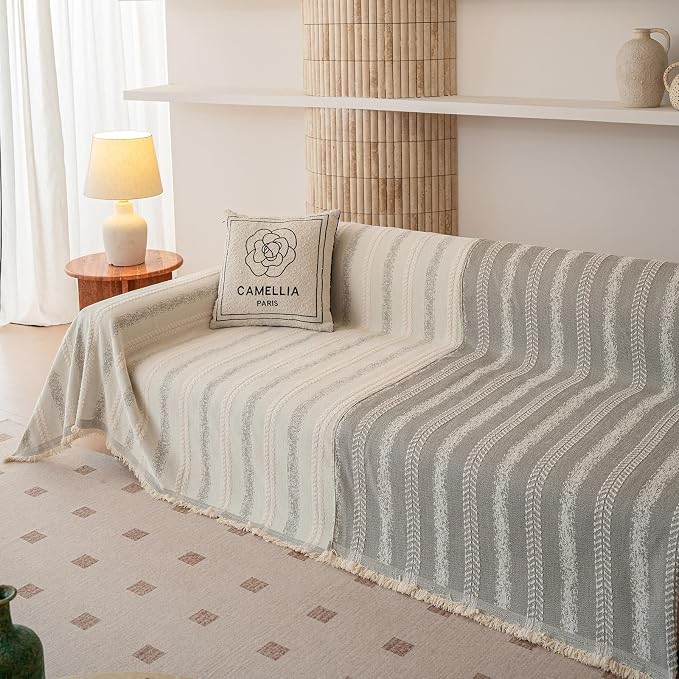 VClife Chenille Sofa Cover Bohemian Striped Pattern Couch Cover for 2 Cushion Sofa - Cream and Gray Textured Sofa Slipcover Washable Furniture Protector for Couch Decorative Couch Cushion Cover - Image 4