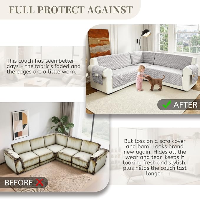 Sectional Couch Covers for Dogs 100% Waterproof Corner L Shaped Sofa Cover Pet Friendly Velvet Washable Anti Slip L Shape Modular Sofa Slipcover Protector with Pockets (Pale Gray, Large) - Image 7