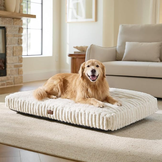 Bedsure ComfyFleece™ Fluffy Balanced Support XL Dog Bed,47x29 | Golden Ratio Chopped Foam & PP Cotton, Upscale Home Decor,Waterproof Liner, Removable Washable Cover, Nonslip Bottom,Cream by BEDSURE