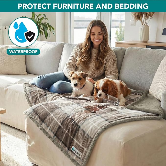 PetAmi Waterproof Dog Blanket for Couch, Large 60x40, Pee Proof Sherpa Fleece Reversible Pet Throw, Furniture Protector for Bed Sofa Kennel, Soft Washable Cover for Medium Dogs Cats, Plaid Taupe - Image 2
