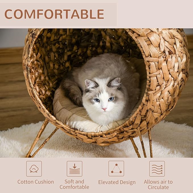 PawHut 20.5" Weaved Cat Bed, Elevated Hand-Woven Braided Banana Leaf Kitten House Condo with Cushion, Natural | Elevated Hand-woven Braided Banana Leaf Kitten House Condo - Image 5