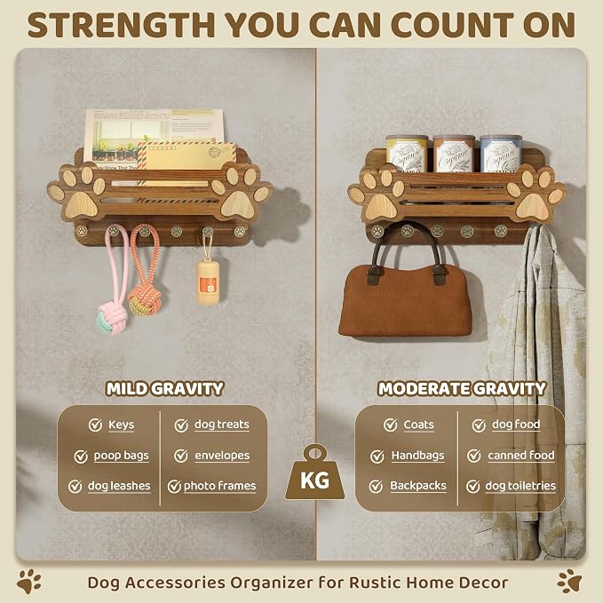 MTERSN Acacia Wood Dog Leash Holder for Wall – Cute Dog Paw Key Holder Wall Mount with Floating Shelf and 6 Hooks, Rustic Mail Organizer for Dog Accessories & Home Decor(Acacia Wood) - Image 6
