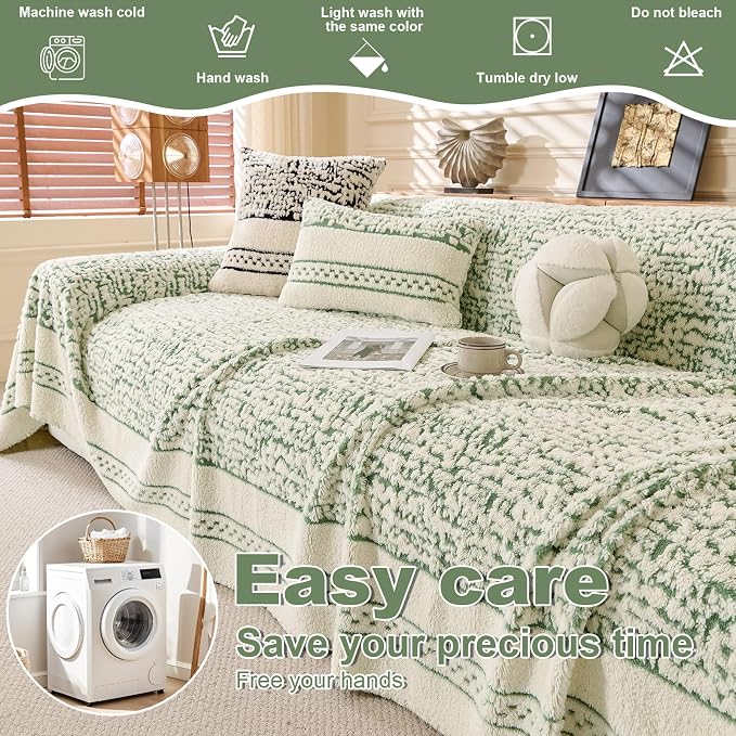 ROOMLIFE Thicked Striped Boho Green Couch Cover for 2-3 Cushion Sofa, Fuzzy Plush Warm Sofa Slipcovers Sectional Sofas Covers, Non Slip Washable Furniture Protector Soft with Tassel,Winter 71''X134” - Image 4