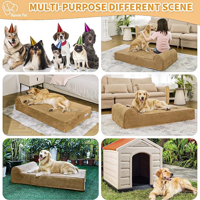 Rainmr Orthopedic Dog Beds for Large Dogs, 7" Memory Foam Dog Beds with Waterproof Liner, Durable Microsuede Cover, Removable and Washable, Nonskid Bottom, 48"x30"x7" L Khaki - Image 7