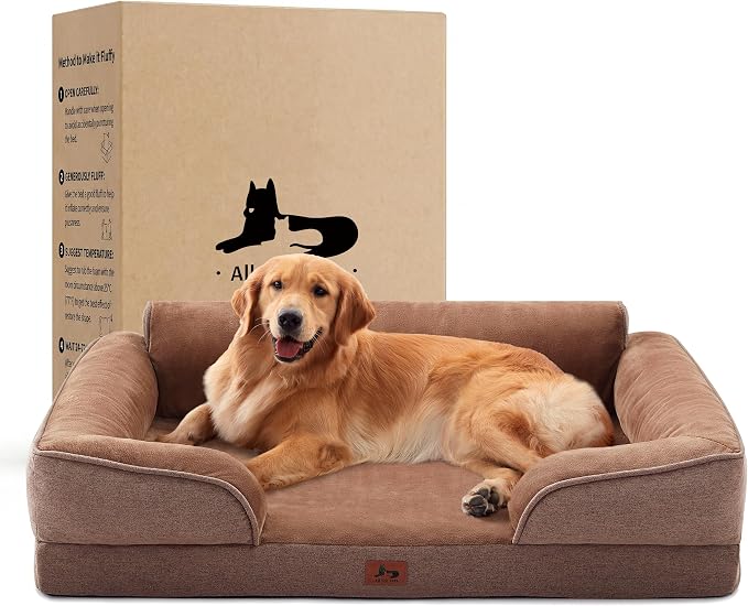 XL Orthopedic Dog Beds for Large Dogs, Waterproof Egg-Crate Foam Pet Couch Bed with Soft Sides, Non-Slip Dog Sofa with Flannel Removable Washable Cover, 42" L Supportive Pet Sofa, Brown by WARMREST