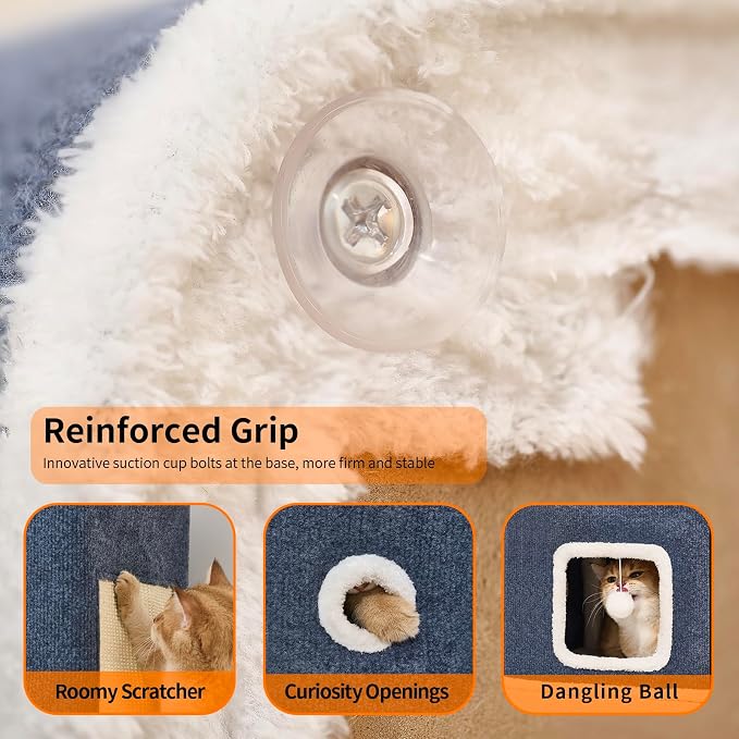 Cat House, Cat Beds for Indoor Cats, 2-Story Cat Condo Cube | Cat Bed Cave with Scratch Pad and Fluffy Ball Hanging, Multi-Level Cozy Hideout Center Ideal for Small/Medium Cats - Image 5