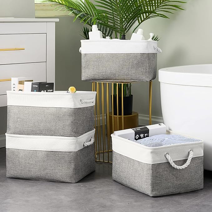 TcaFmac Storage Basket for Organizing - Large 4 Pack 15.8x11.8x8.2 inch Fabric Storage Bins for Shelves, Foldable Storage Cubes for Closet Cloth Toy Gift Kids(White&Grey) - Image 5