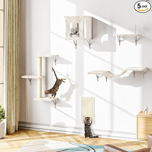 NUNU LAB Cat Wall Shelves Set, 5 Pcs Wall-Mounted Cat Climber with Cat House, Bridge, Scratching Post, Hammock, Wall Shelves, Beige by NUNULAB
