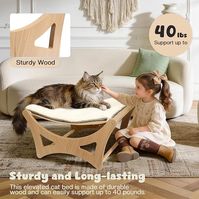Cat Hammock Bed, Wooden Elevated Cat Beds with Natural Sisal Scratching Mat, Cats Scratcher Bed with Removable Soft Cushion, Cats Scratching Beds with Wood Frames, 22" L x 17.7" W - Image 4