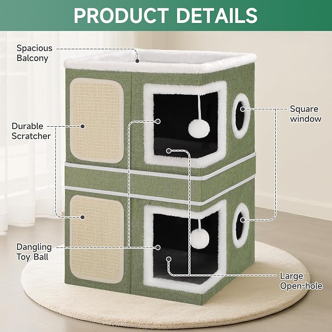 Shikha 2 Story Cat House beds for Indoor Cats with Scratch Pads Green | 2 in 1 Dual Use Double Cat Bed Cave for Multiple Pets Kitten, Elevated Perch for a Wide View, All Season Reversible Cushion - Image 4