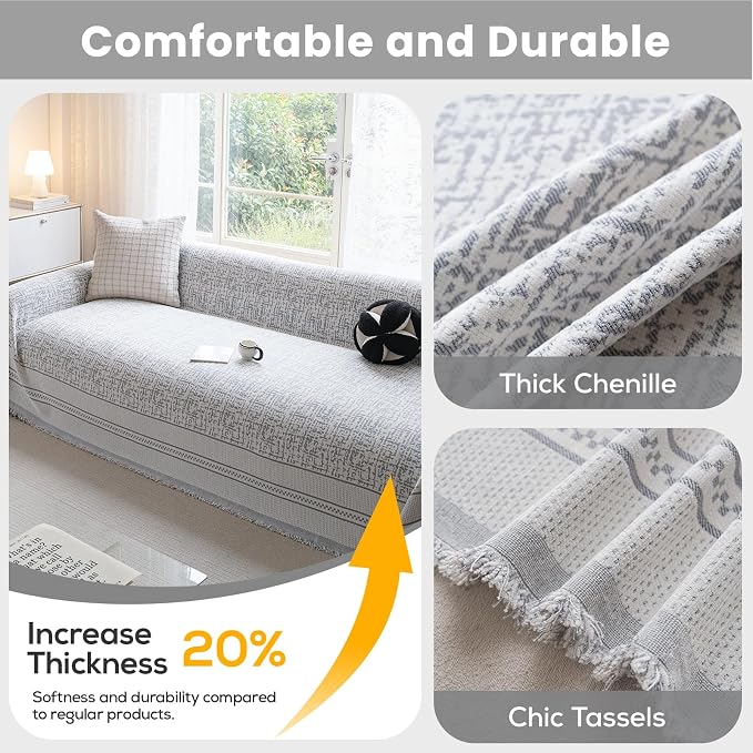 Waterproof Sofa Cover for Sectional Sofa, Boho Washable Couch Cover for 3-4 Cushion, L-Shape, Dogs Thick Chenille Pet Friendly Multi-Functional Furniture Protector with Tassels, 71"X150", Grey - Image 4