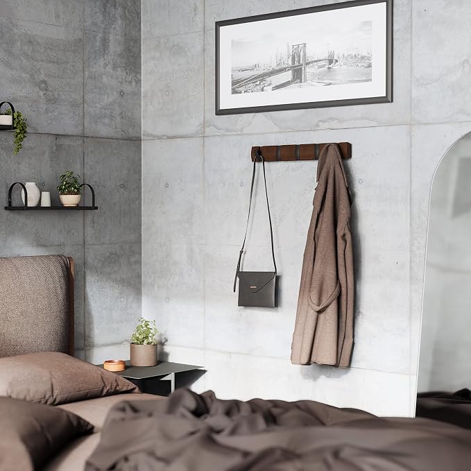 Umbra Flip Coat Rack, Wall Mounted 5-Hook Space Saving, Walnut/Black | Real wood and steel build, retractable hooks fold flat, holds coats bags and scarves, easy install - Image 8