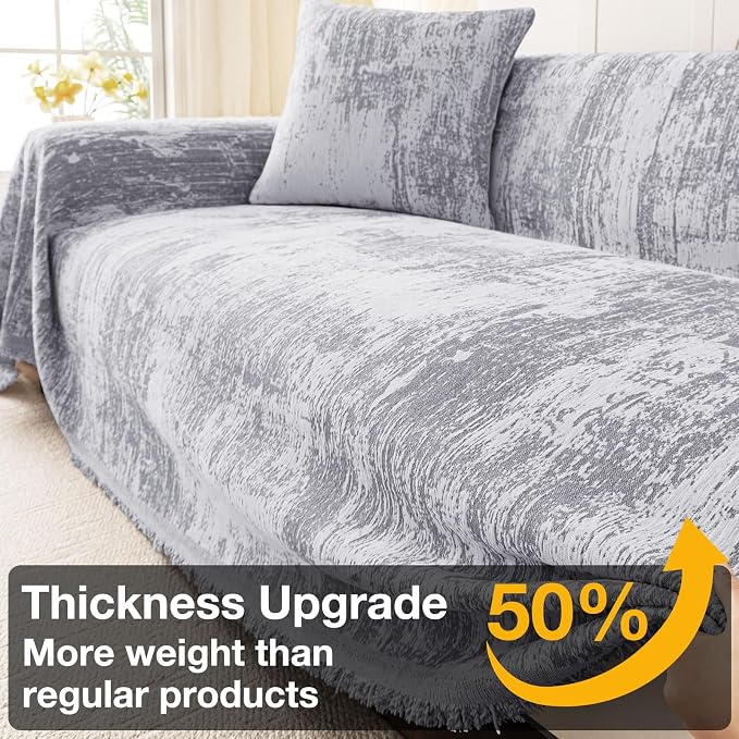 hyha Couch Cover for Dogs, Boho Chenille Sofa Cover for 3 Cushion Couch | Anti-Scratch Washable Sofa Slipcover, Loveseat Sectional Couch Throw Blankets with Tassels (Grey/White, 88.5x118 Inch) - Image 4