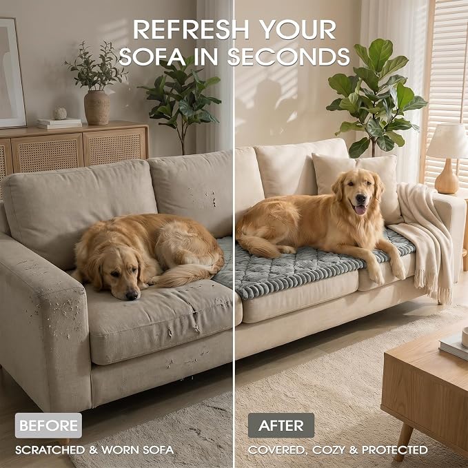 Non-Slip Washable Couch Cover for Dogs, Thick Plush Grid Flannel | 27.6"x70.9", Light Gray, 0.8" Thick, Rubber Dot Backing, Pet-Friendly Protector for Sofa, Floor, Window Seat, Car or Camping - Image 8