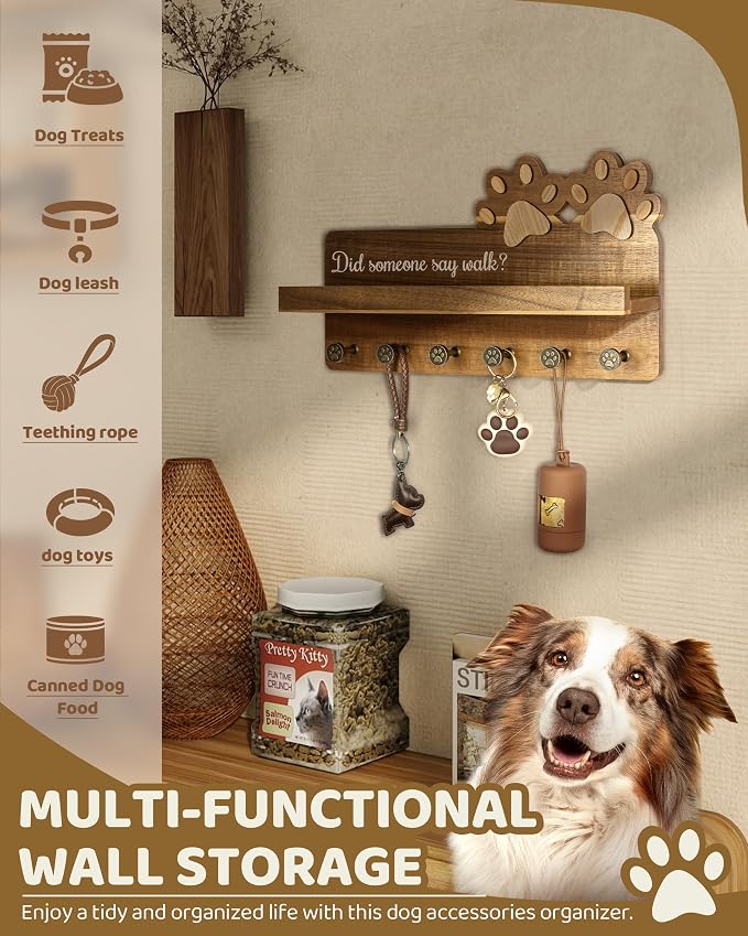 MTERSN Farmhouse Dog Leash Holder for Wall - Decorative Key Hooks Wall Mount with Paw Shape and 6 Unique 3D Hooks - Dog Lover for Home Decor (Acacia Wood) - Image 5
