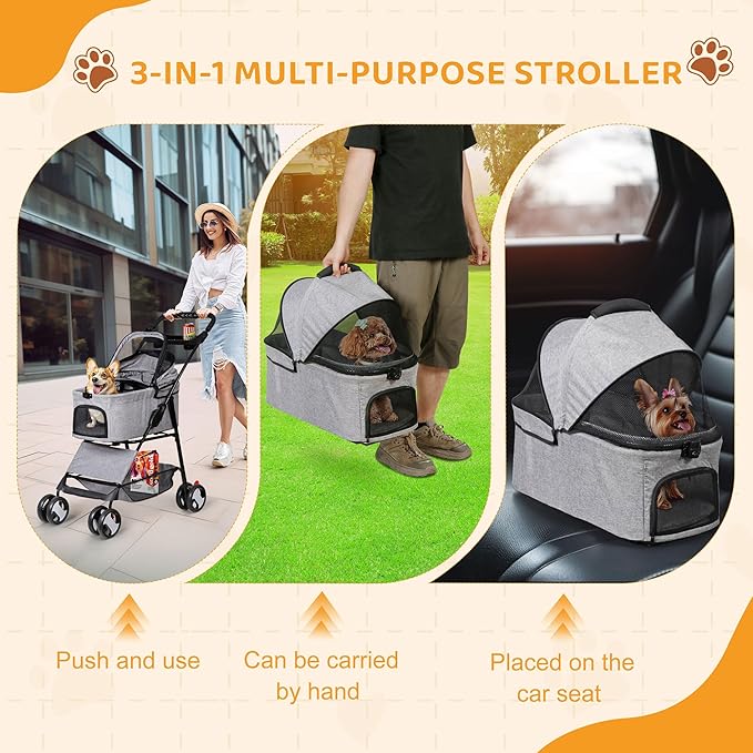 ZENY Pet Stroller, 3 in1 Foldable Dog Cat Jogger Stroller with 4 Wheels, Detachable Basket and Cup Holder, Travel Folding Carrier for Small/Medium Pet (Gray)