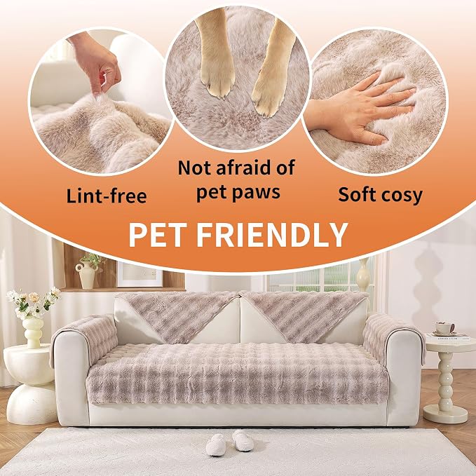 Waterproof Dog Bed Cover Non Slip Couch Covers for Dogs Washable Soft Faux Fur Sofa Cover Couch Covers for 2 Cushion Couch Sofa Pet Friendly (Khaki) - Image 5