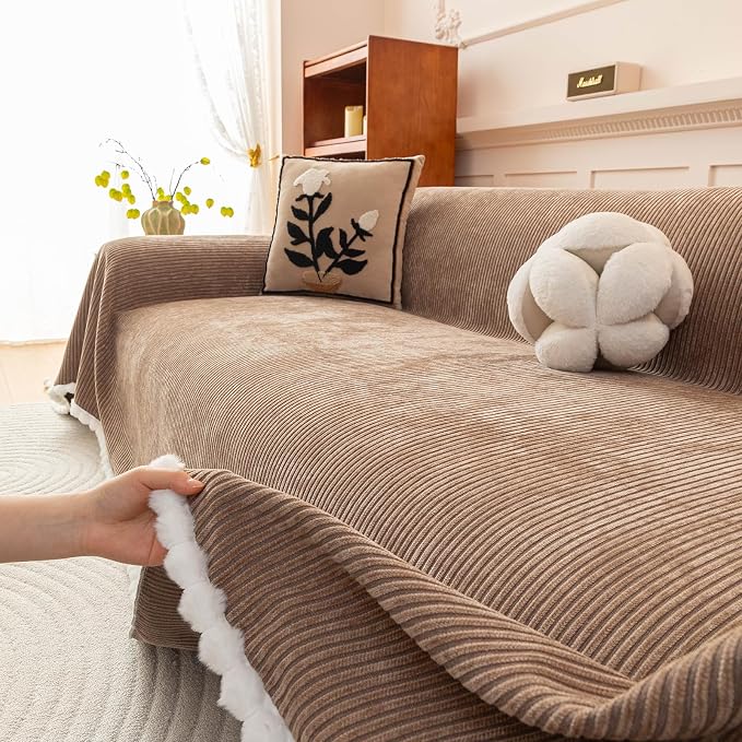 VClife Boho Couch Cover, Thickened Furniture Protector, Khaki, 71"X150" | Heavy-duty Pet Resistant Thick Chenille Fabric, Modern Striped Pattern, Fluffy Pom-pom Trim, Kids & Pets Household Friendly - Image 6