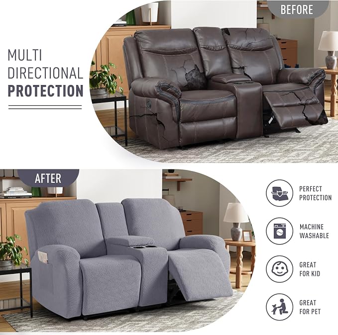 KinCam Loveseat Recliner Covers with Middle Console Slipcover, Light Gray | Stretch Recliner Sofa Covers for 2 Seat Couch Cover, Jacquard Furniture Protector Covers with Elastic Bottom for Kids, Pets - Image 3