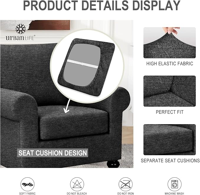 URBANLIFE 2-Piece Stretch Sofa Covers for 1 Cushion Couch, Black | Super fitted spandex slipcovers for couches. Non-slip elastic bottom. Machine washable furniture protector for kids & pets. - Image 6