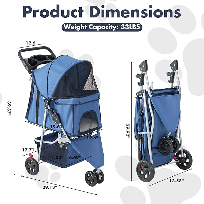 3 Wheel Pet Stroller for Dogs and Cats, Foldable, Lightweight and Durable, Ideal for Small to Medium Pets, Includes Storage Basket and Cup Holders
