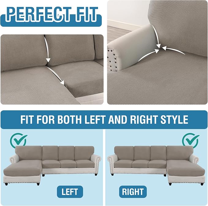 H.VERSAILTEX Sectional Couch Covers 8 Pieces Stretch Sofa Covers for Sectional Sofa Set Separate L Shaped Couch Cover for Both Left/Right Couch (Seat and Back: 1 Chaise + 3 Sofa, Taupe) - Image 5