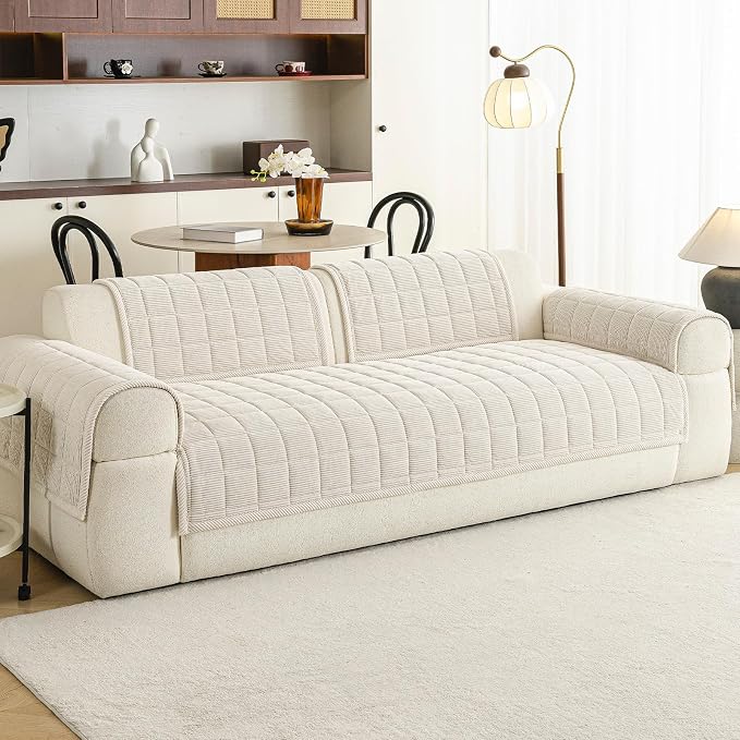Velvet Couch Covers for Sectional Sofa Washable, Non-Slip L Shaped Sectional Couch Cover, Soft Pet Couch Covers for Sofa, Furniture Slipcovers for 3 Cushion Couch(1PC,35"x94",Beige White) - Image 3