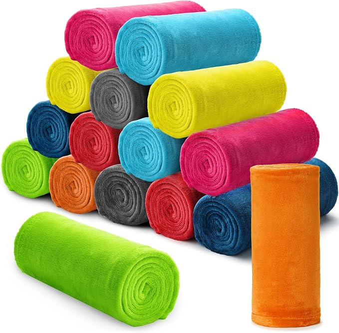 16 Pcs Flannel Fleece Throw Blanket Bulk 50 x 60 in Soft Fleece Throw Blankets Coral Bed Sofa Bulk Color Winter Warm Pet Blanket for Home Office Wedding Season Gift Homeless Donation (Bright Colors) by Bornerwhite