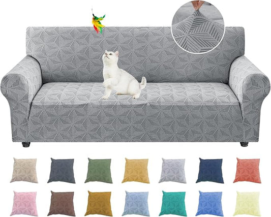 YEMYHOM 1 Piece Stretch Couch Covers for 3 Cushion Couch, Jacquard Sofa Cover with Non-Slip Elastic Bottom, Thickened Slipcover Furniture Protector for Dogs Pets (Large, Light Gray) by YEMYHOM