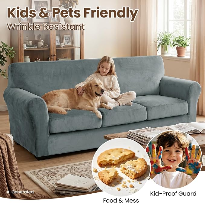 XINEAGE 4-Piece Velvet Oversize Sofa Cover, Couch Covers for Dog,Light Gray | 3 Cushion Large Sofa,Stretch Non-slip Elastic, Pet-friendly, Washable, Fast Setup, Soft Plush Fabric, Furniture Protector. - Image 6