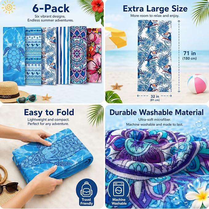 6 Pack Microfiber Beach Towel Set 32x71 Oversized Extra Large Swim Pool Towel Soft Fiber Beach Towels Set Absorbent Bath Blanket for Spa Travel Swim Pool Accessories Vacation Essential Gift(summer) - Image 3