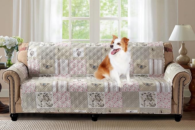 Brilliant Sunshine Grey Cupid & Pink Roses Couch Cover, 78" seat | Non Slip Sofa Cover, Patchwork Design, Quilted Furniture Protector, Extra Large Washable Slipcover for Pets, Dogs & Cats by BrilliantSunshine
