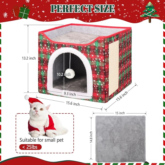 Heated Cat Bed for Indoor Cats, Foldable Cat House with Removable Heating Pad for Cats Small Dog Covered Cat Bed Cave Kitty Hideaway with with Scratch Pad, All Season Use - Image 7