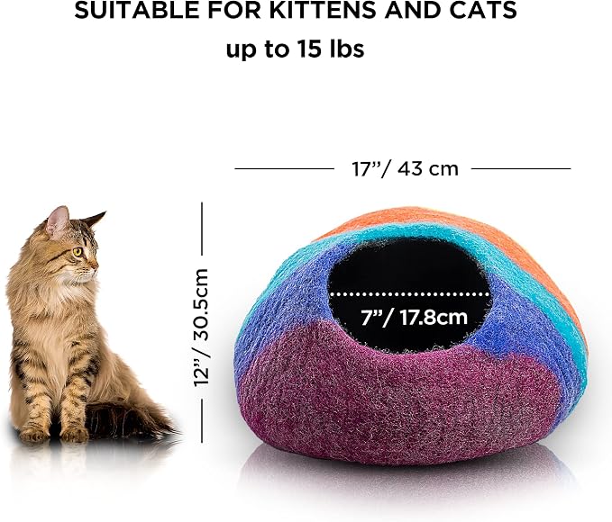 Premium Felt Cat Cave Bed – Cats Curl Into Instantly - Wool Kitty Beds Handcrafted Kitten Caves Bed for Indoor Cats - Made from Merino Wool by Woolygon (Rainbow Twist) - Image 2