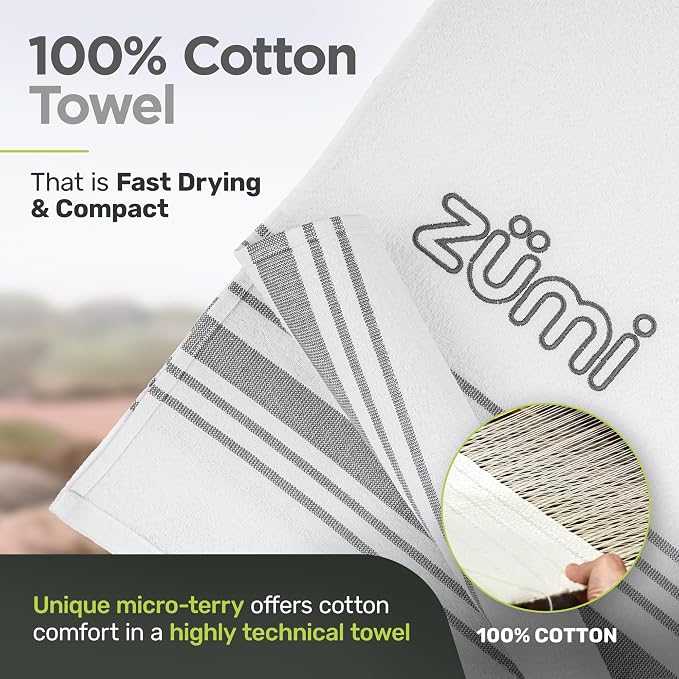 Zumi MINI 100% Cotton Camping Travel Towel - Small, Ultralight, Fast Drying, Highly Absorbent, Soft and Gentle on The Skin, Safe for The Planet (28" x 13" White) - Image 2