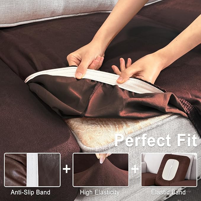ANARACHON Leather Look Couch Cushion Covers Sofa Seat Slipcovers Sets Couches Furniture Protector for Sectional Armchair Loveseat Pets Kids Stretch Spandex Fabric (3 Cushion Sofa, Chocolate) - Image 5
