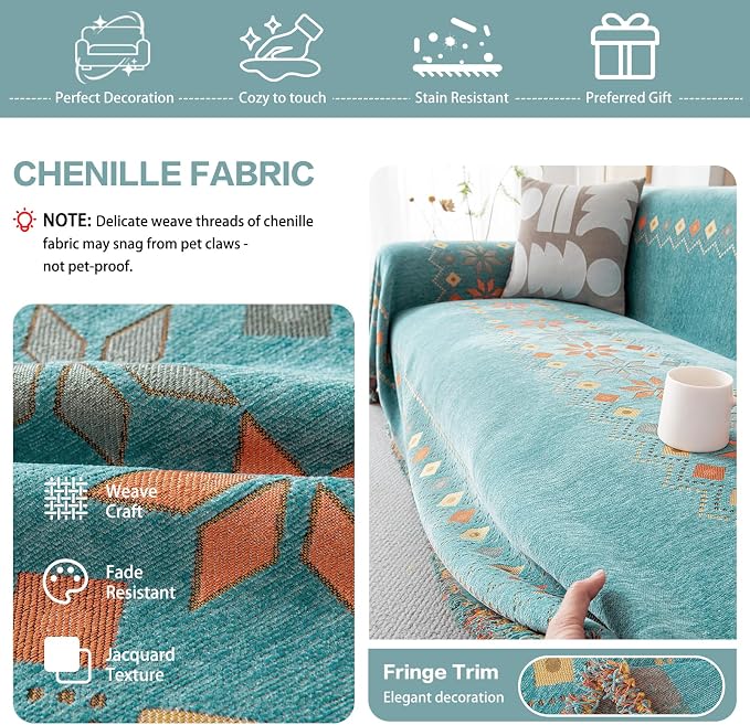DREAMINGO Teal Boho Couch Cover Western Sofa Covers for 2 Cushion Couch Washable Bohemian Loveseat Covers Geometric Jacquard Couch Cover Blanket with Tassel, Large 71"x118" - Image 3