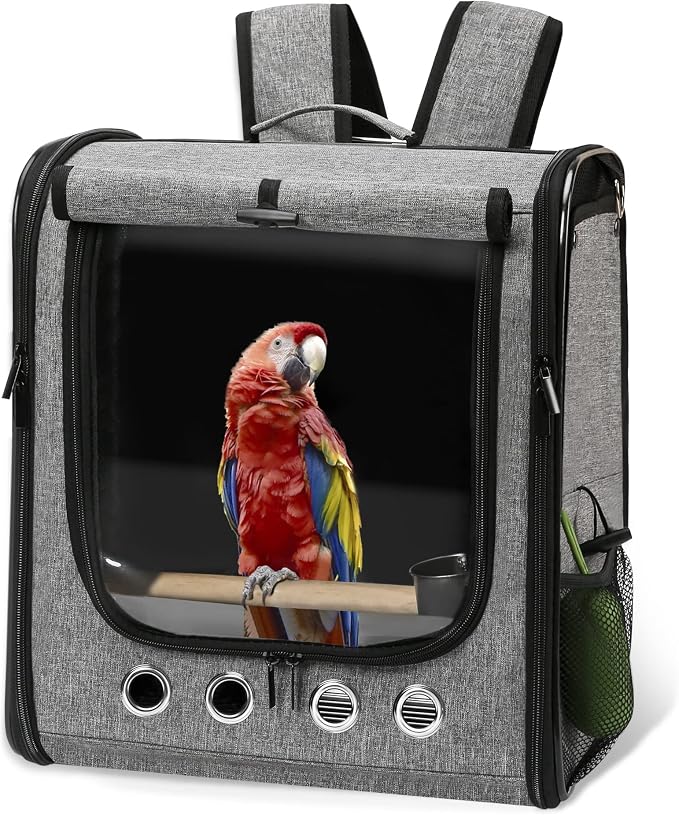 Large Bird Carrier Bag with Stand, Lightweight Backpack for Parrot, Portable Cockatiel Travel Cage with Accessories, Pet Transparent Breathable Carrier, Gray by Suertree