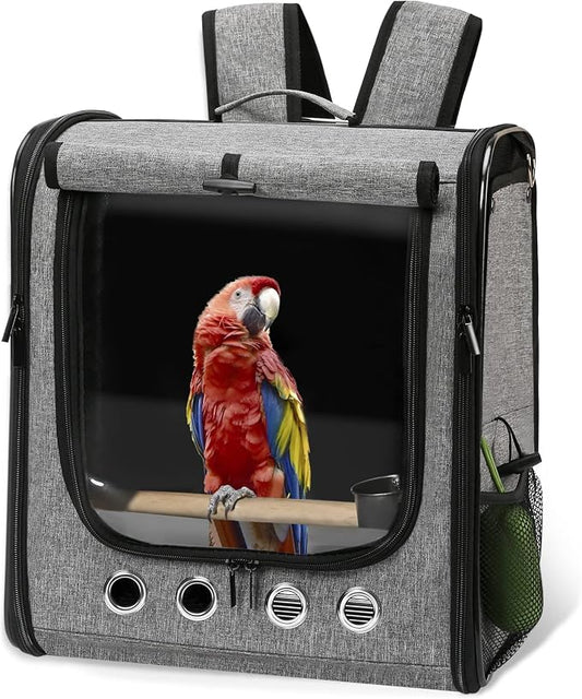 Large Bird Carrier Bag with Stand, Lightweight Backpack for Parrot, Portable Cockatiel Travel Cage with Accessories, Pet Transparent Breathable Carrier, Gray by Suertree