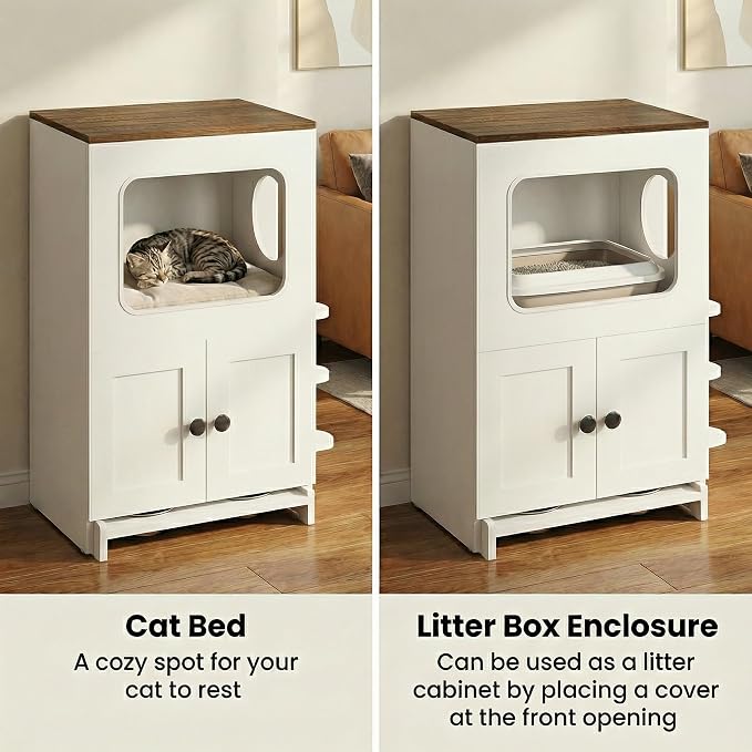 Cat Feeding Station, 2-Tier Wood Cat House with Storage, Raised Bowls for Indoor Cats, Pull-Out Feeding Station & Cat Condo, Includes 2 Stainless Bowls - Image 4
